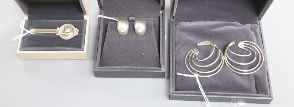 Allan Scharff for Georg Jensen, a pair of sterling silver Alliance earrings, No. 555 and two other items,